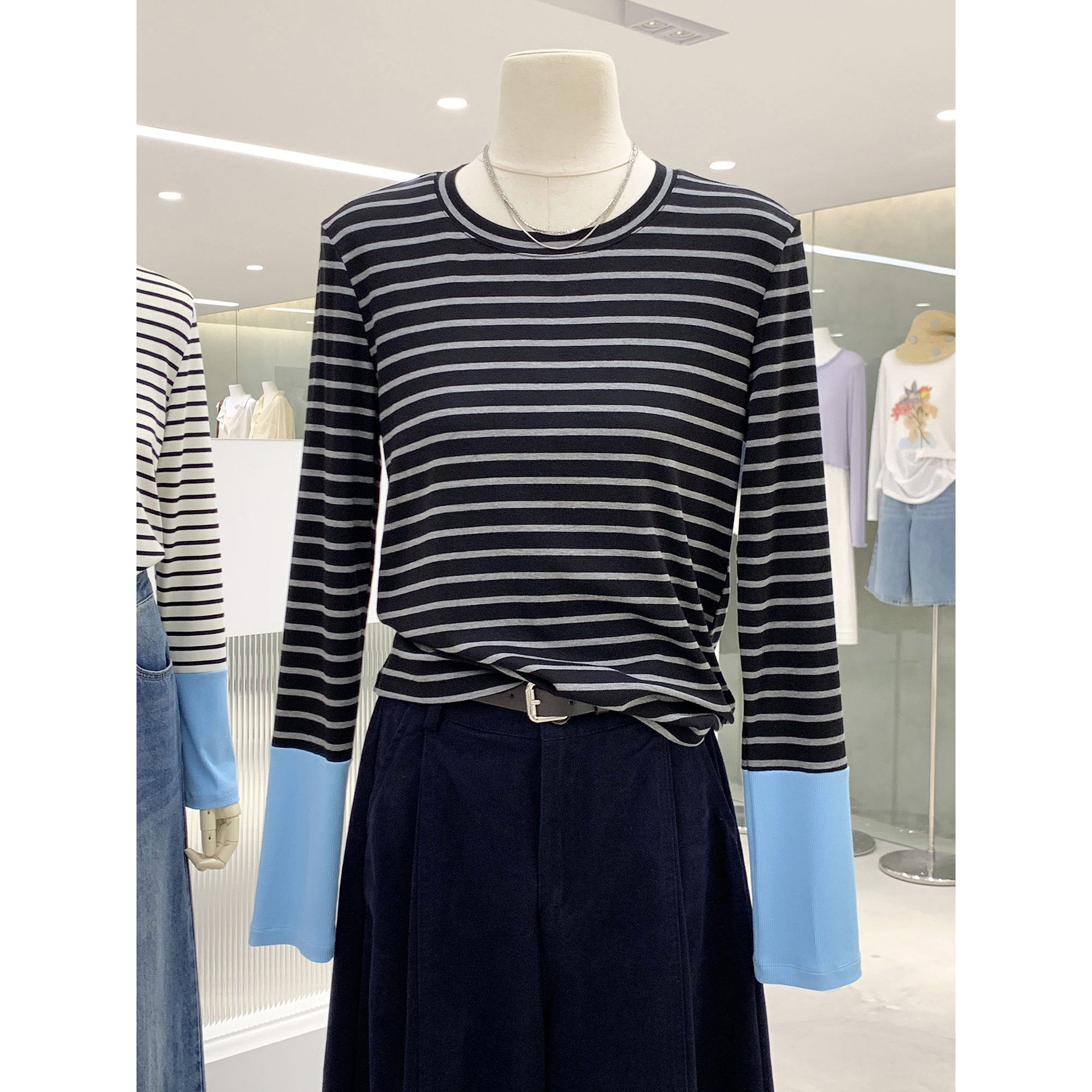 明星同款撞色条纹假两件长袖T恤