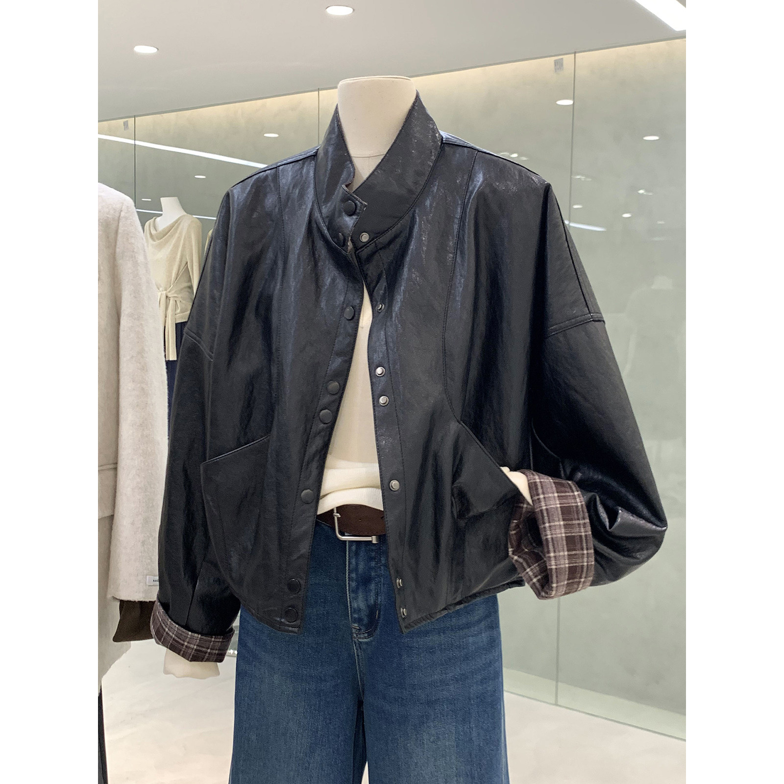 甜酷秋冬皮衣短外套加绒版复古格子撞色超保暖巨好看洋气开衫上衣,女装/女士精品,短外套,淘宝优惠券,粉丝福利购,淘宝优惠卷