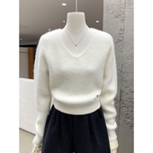 韩系简约蓬松温暖针织衫 甜美奶油色系V领套头毛衣2025冬季 新款 女