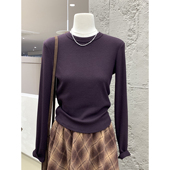 柔软亲肤羊绒螺纹薄绒小圆领长袖 秋冬短款 打底Tee 内搭保暖上衣