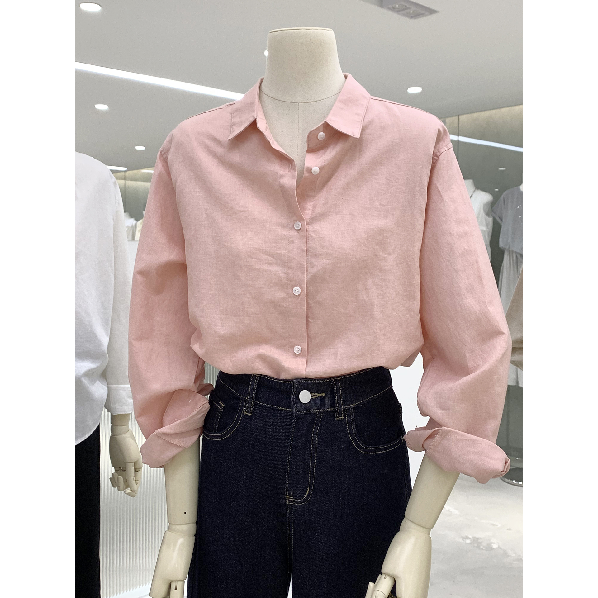 干净清爽百搭Polo领亚麻长袖衬衫