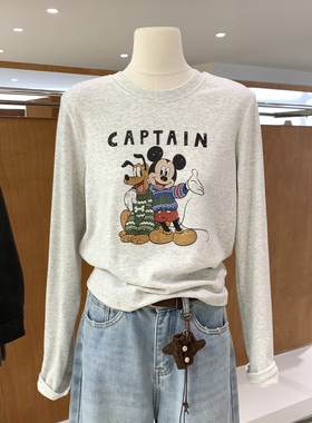 童趣感卡通米奇印花一体薄绒长袖T恤女宽松休闲可爱减龄百搭上衣