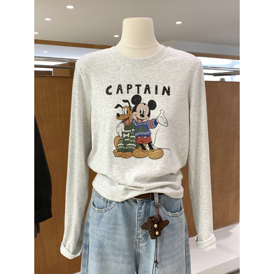 童趣感卡通米奇印花薄绒长袖T恤