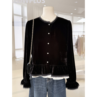 法式花边拼接假两件丝绒衬衫