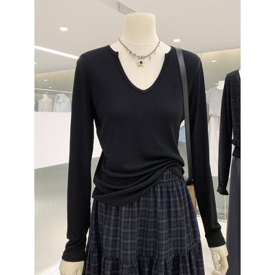 高品质抗起球羊绒棉V领长袖T恤女