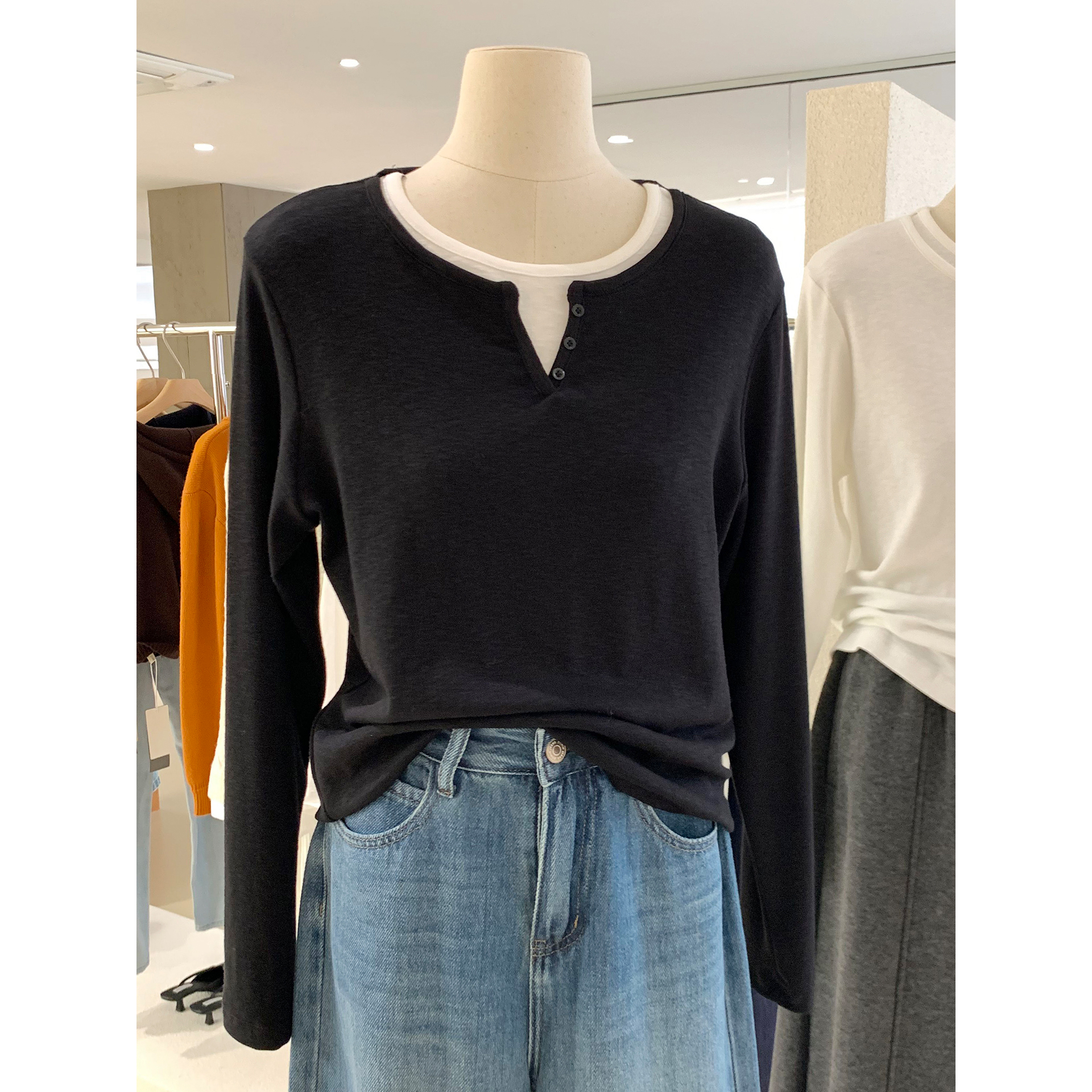 韩系自带穿搭感假两件长袖T恤女