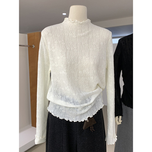 打底衫 韩系温柔甜美木耳边半高领蕾丝提花毛衣2025新款 精致漂亮