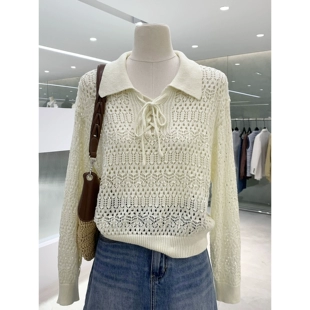 宽松显瘦长袖 2023春季 上衣 甜美韩系百搭绑带POLO领钩花针织衫 新款