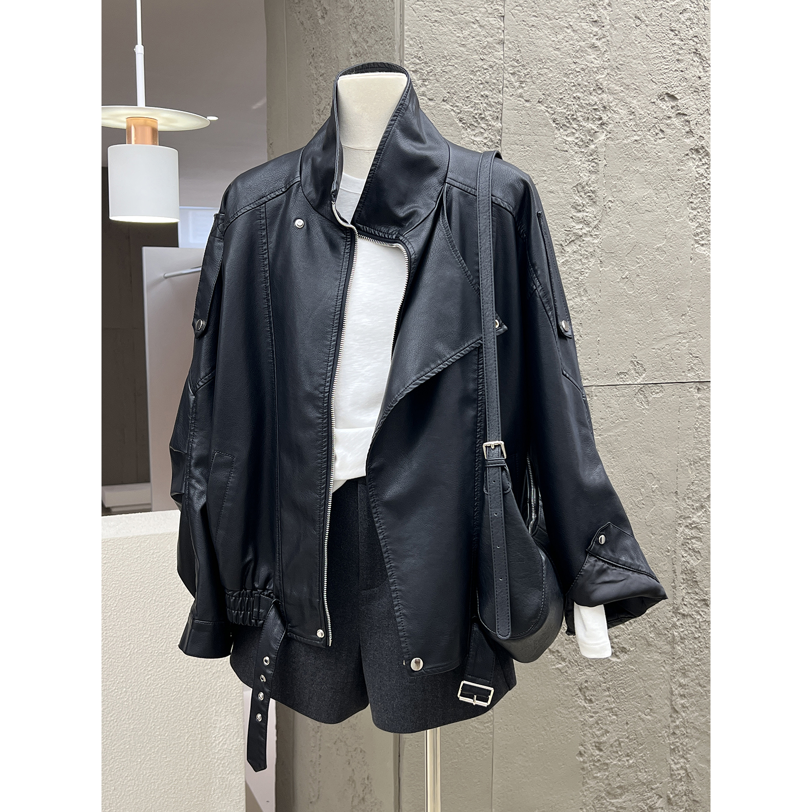 宽松廓形重磅高级感皮夹克衫外套