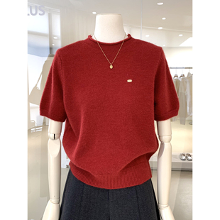 极简韩系卷边半高领短袖毛衣针织衫2026早春新正肩显瘦中短款上衣