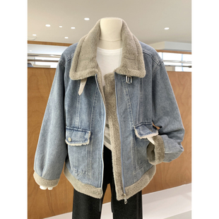 复古休闲风欧貂绒拼接牛仔外套冬季新款厚实保暖舒适酷帅夹克上衣