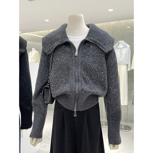 老钱风大牌感大翻领设计拉链毛衣开衫秋冬新款带细闪气质针织衫女