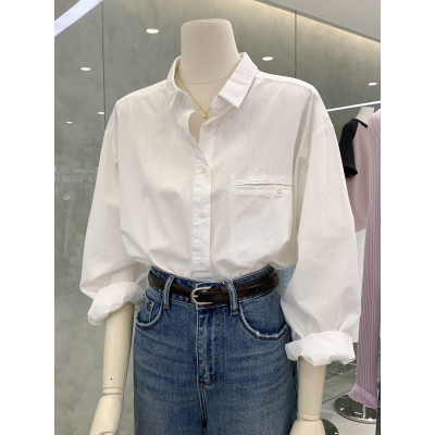 简约风属性纯色宽松长袖衬衫女韩版精致小翻领极简大女主白衬衫