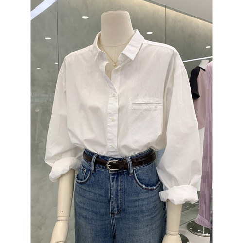 简约风属性纯色宽松长袖衬衫女韩版精致小翻领极简大女主白衬衫