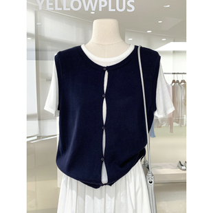 女独特超好看 韩版 上衣 2026新款 春款 温柔风撞色假两件短袖 针织衫