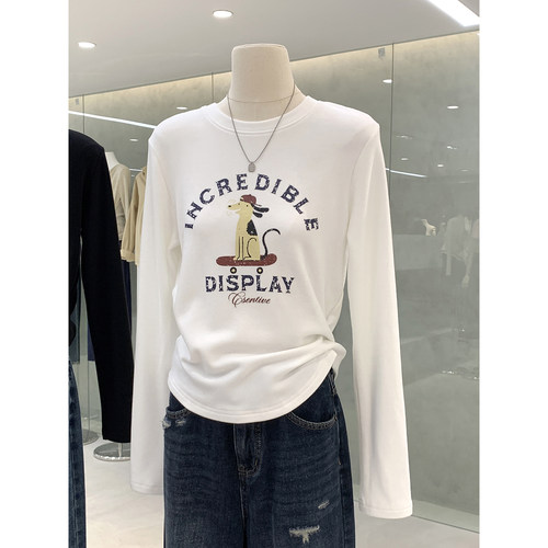 趣味可爱滑板小狗印花德绒T恤女