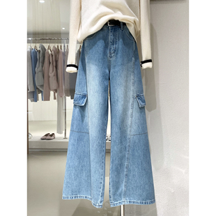 时髦百搭藏肉显瘦裤 美式 女秋冬新款 风宽松牛仔裤 子配腰带 街头工装