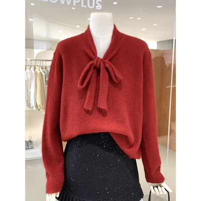 节日氛围感红色系带蝴蝶结毛衣女