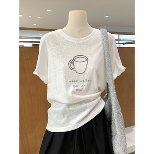 韩系ins风咖啡杯拱桥绣花圆领短袖T恤春夏新款雪花棉简约百搭上衣
