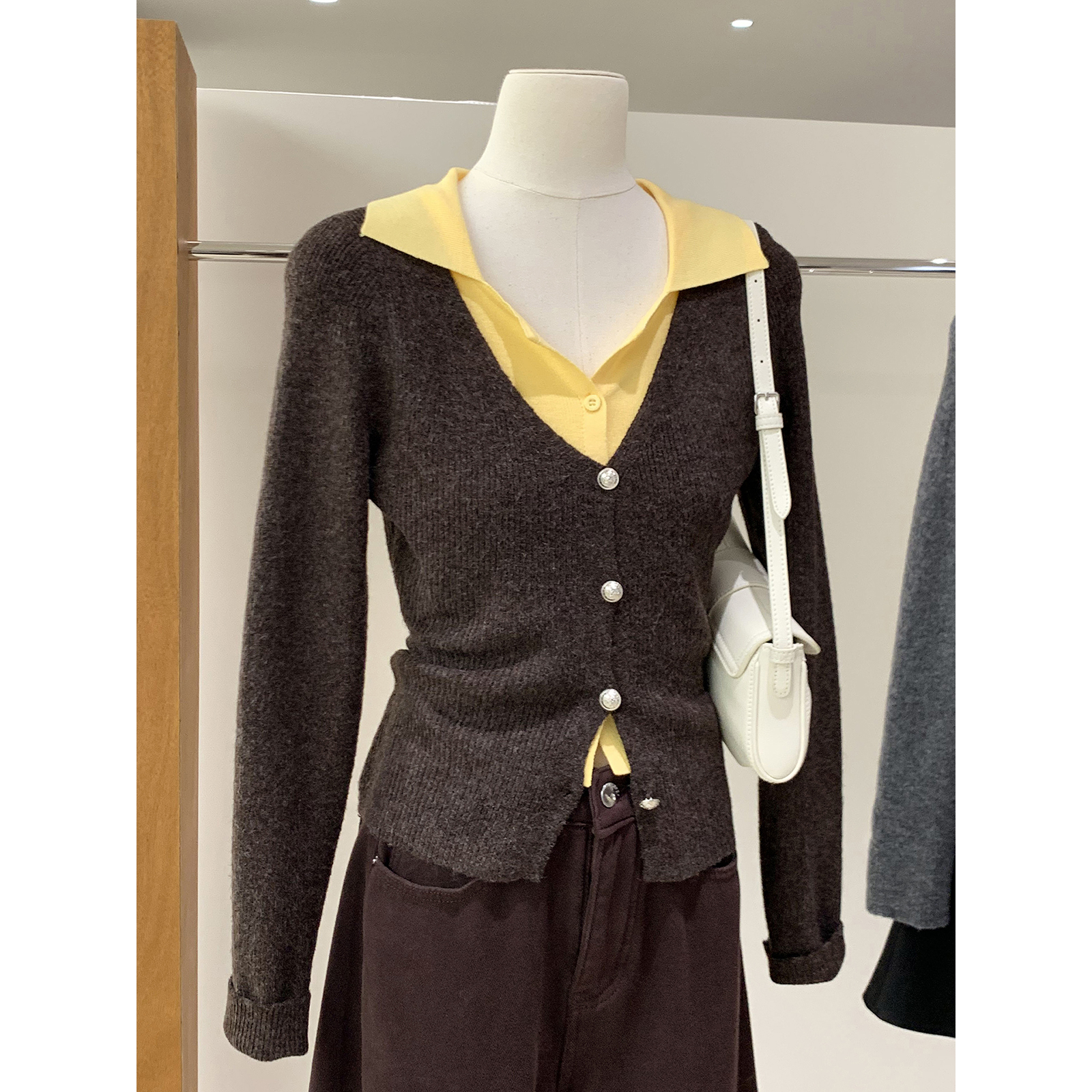 秋冬韩系假两件撞色修身毛衣开衫