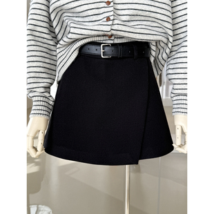 简约百搭气质活页设计A字毛呢裙裤韩版防走光半身裙短裙配腰带