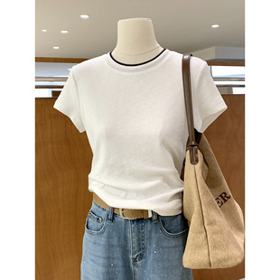 层次感拼接撞色圆领短袖T恤2026春夏柔软雪花螺纹棉常规短款上衣