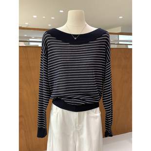 显瘦百搭上衣女 新款 韩系慵懒风天丝亚麻一字肩条纹针织衫 2026春季