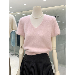 软糯舒适百搭短款 极简温柔风纯色V领短袖 新款 秋季 上衣 兔毛针织衫