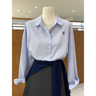 韩系chic简约字母刺绣条纹衬衫2026春季新款清爽百搭休闲防晒上衣