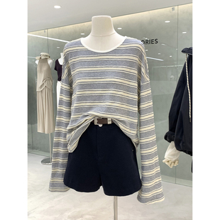 早秋韩系慵懒松弛感撞色条纹喇叭袖 宽松藏肉休闲上衣 T恤2025新款