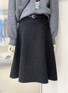 清仓捡漏不TUI不换！OL通勤风毛呢中裙A字百搭半身裙配腰带Q263