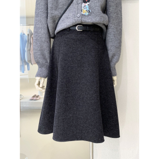 清仓捡漏不TUI不换 OL通勤风毛呢中裙A字百搭半身裙配腰带Q263