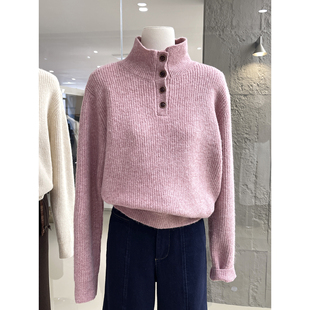 韩系温暖氛围感半纽扣立领毛衣2025新款慵懒休闲百搭针织衫上衣女
