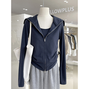 韩女层次感打褶收腰显瘦大翻领拉链假两件开衫上衣2026早春女人衫