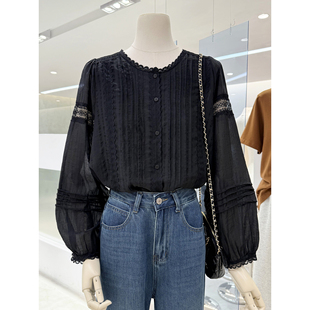 衬衫 女人衫 早春独特漂亮chic上衣 蕾丝花边衬衣圆领长袖 春夏法式