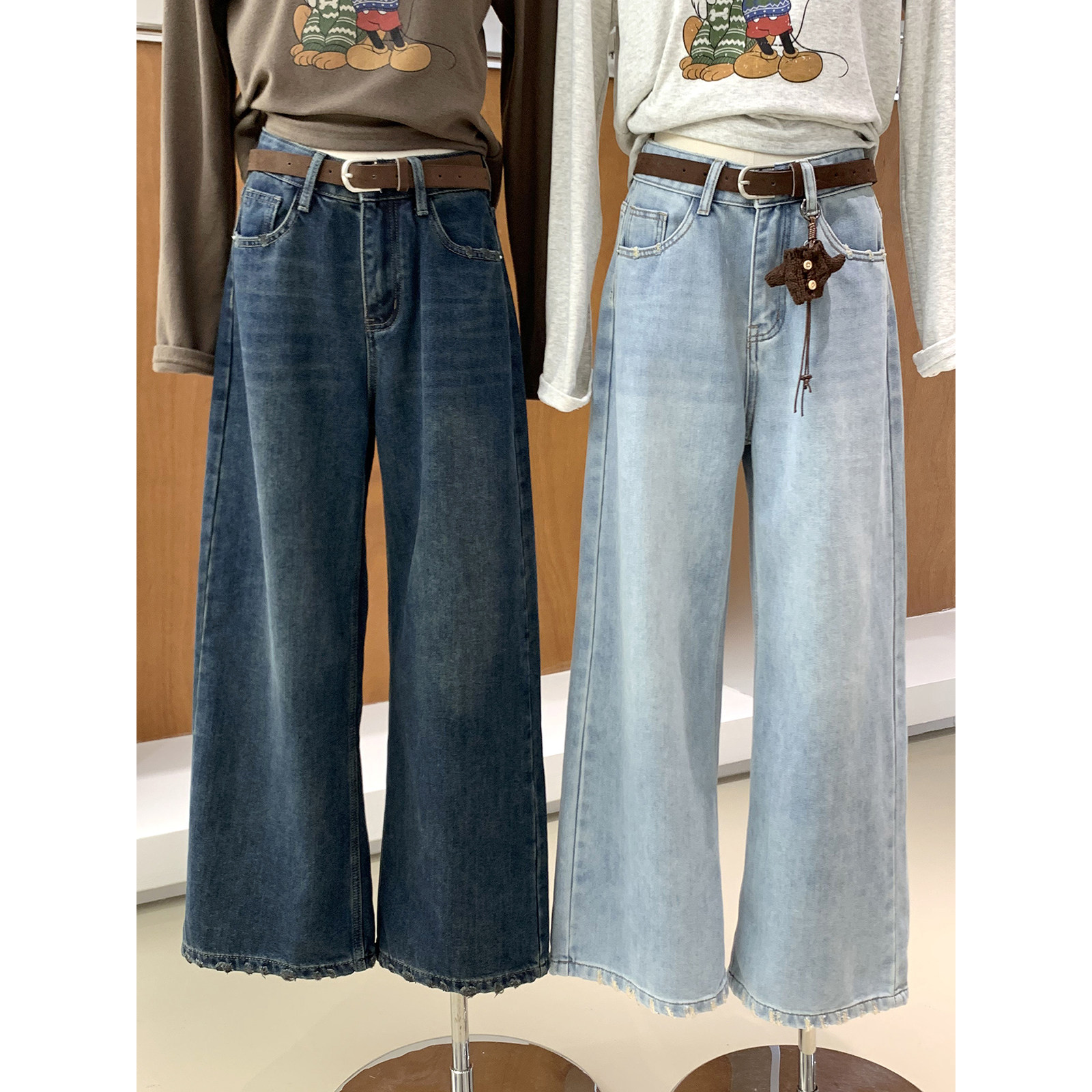 复古磨破做旧宽松直筒植绒牛仔裤