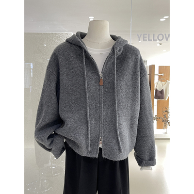 韩系慵懒风双拉链连帽针织开衫女