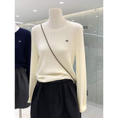 韩系字母刺绣圆领麻花长袖针织衫