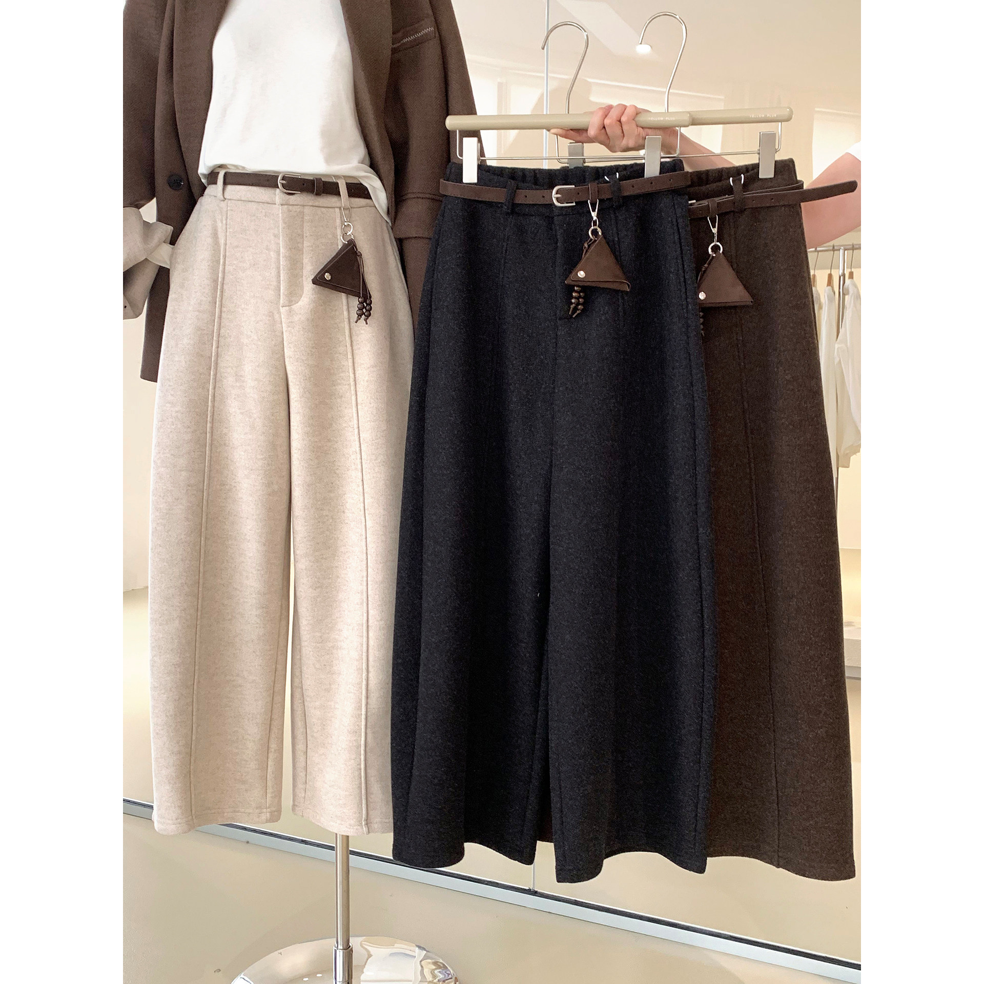 秋冬呢料加绒保暖显瘦九分休闲裤