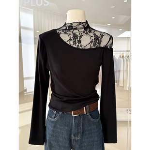 轻熟御姐风蕾丝拼接半高领露肩长袖T恤秋冬款加绒保暖漂亮女人衫