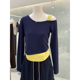 松弛博主感撞色假两件设计斜肩长袖 巨好看韩系漂亮小上衣早秋 小衫