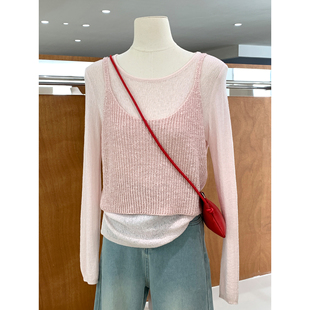 叠穿天花板!轻薄透气圆领打底衫+针织吊带背心韩系两件套上衣女