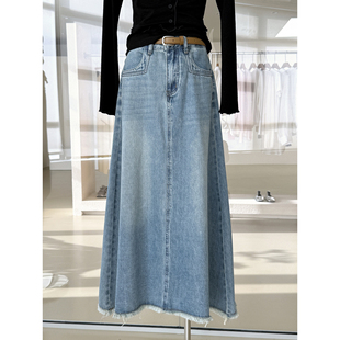 高挑显瘦A字大摆高腰牛仔半身裙女春季 时髦流苏中长裙配腰带 新款