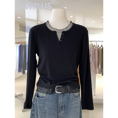 网纱木耳花边半开领纯欲风长袖衫