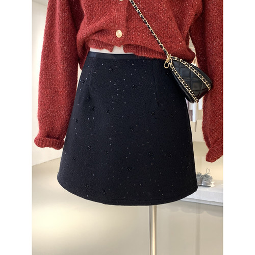 秋冬精致重工钉珠亮片毛呢半身裙