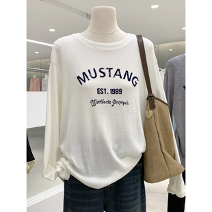 入秋刚需！羊绒料字母印花长袖T恤2025新款柔软舒适日常百搭上衣