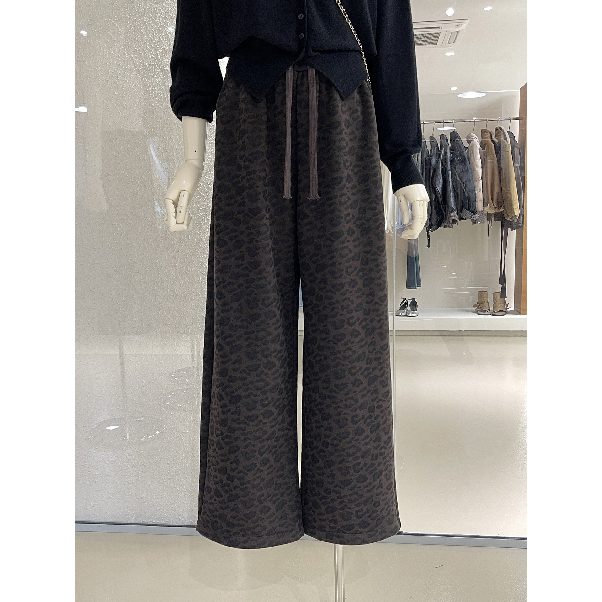 复古野性风豹纹直筒加绒休闲裤女