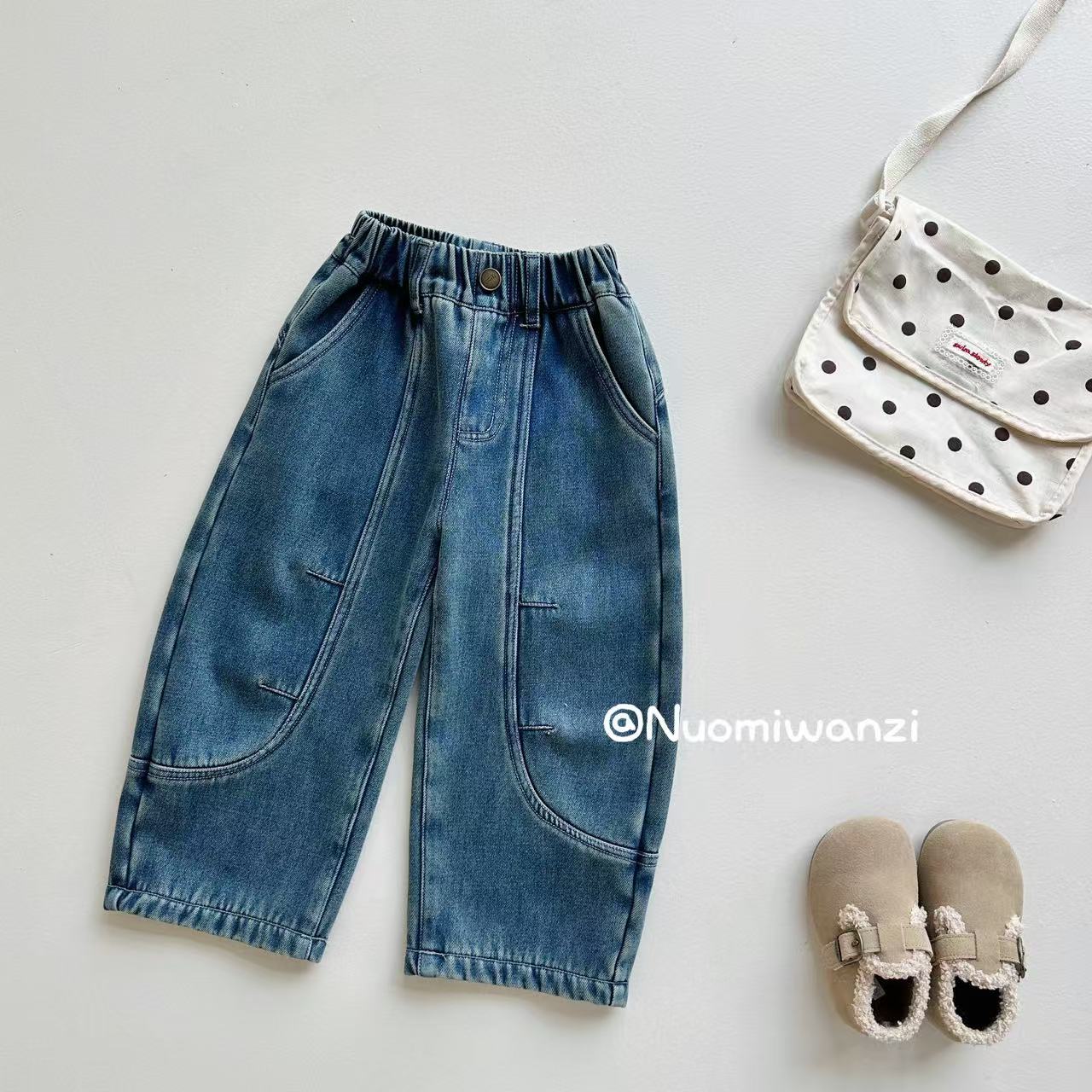 糯米丸子童装儿童加绒裤子2025冬款女童新款拼接保暖弯刀牛仔裤