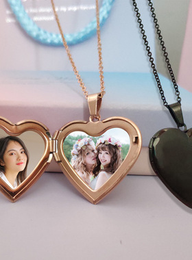 双面钢装相片心形情侣纯色项链