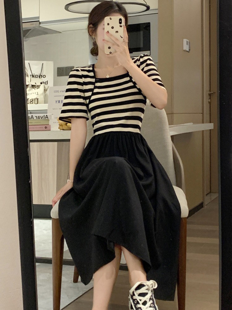 条纹新款连衣裙女夏季拼接裙商场同款中长裙短袖连衣裙